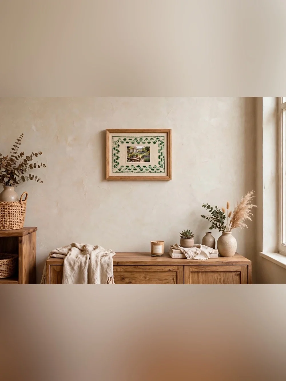 Vintage Hand stitched Needlepoint Embroidered Linen Greece Late 60’s Green